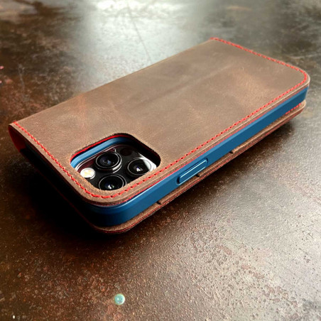 iPhone 12 Folio Case Leder  – Case und Portemonnaie in dunkelbraun, camel, schwarz und grau