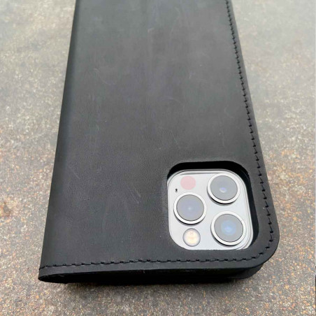 iPhone 13 mini leather case - folio & wallet in dark brown, black, grey and camel
