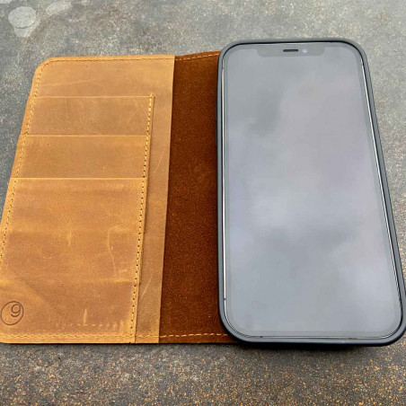 iPhone 13 Ledercase – Case und gleichzeitig Wallet in dunkelbraun, camel, schwarz und grau Echtleder
