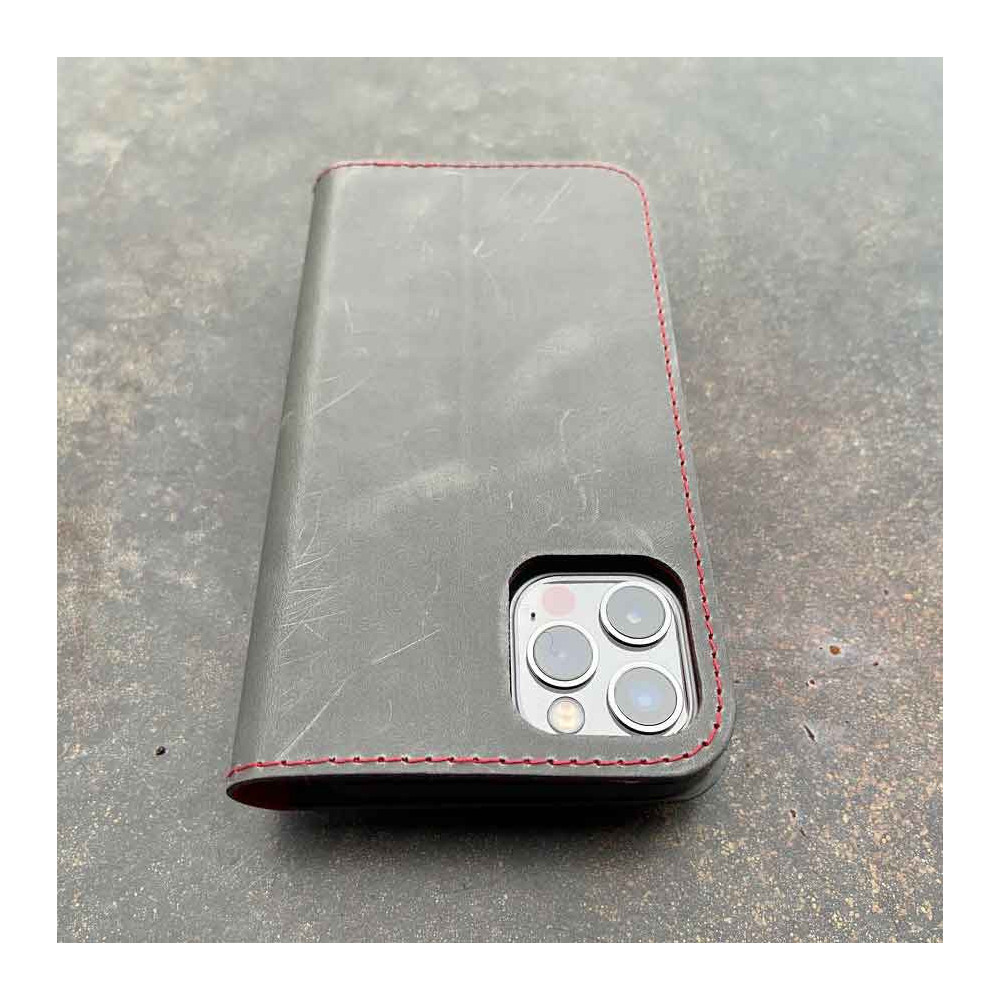 iPhone 13 Pro Folio Leather & Bio Case - lining in red, leather color in black, dark brown, camel & grey - made in Germany
