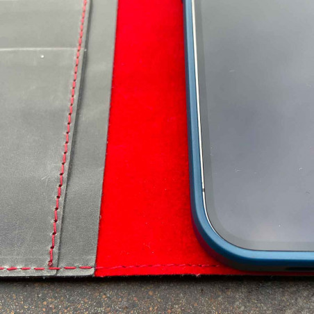 iPhone 13 Pro Folio Leather & Bio Case - lining in red, leather color in black, dark brown, camel & grey - made in Germany