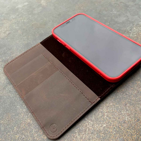 iPhone 13 Pro Leather Case in dark brown, black, grey and camel - Folio wallet made in Germany