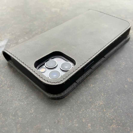 iPhone 13 Case Leather in black, grey, dark brown and camel - wallet & folio in one, handmade in Germany