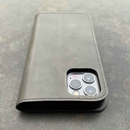 iPhone 13 Case Leather in black, grey, dark brown and camel - wallet & folio in one, handmade in Germany