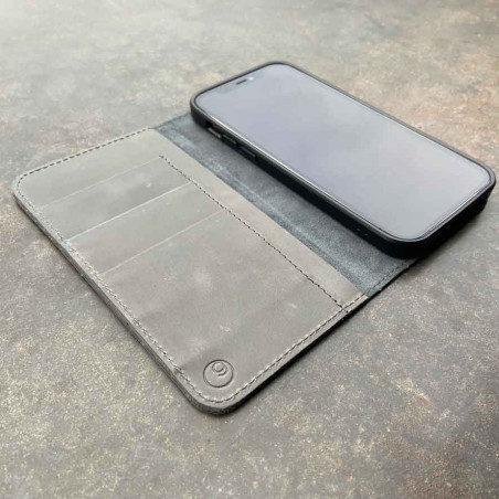 iPhone 13 Case Leather in black, grey, dark brown and camel - wallet & folio in one, handmade in Germany
