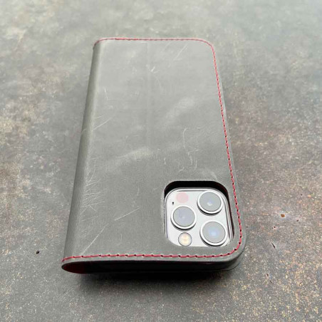 iPhone 14 Pro Folio Leder & Bio Case mit rotem Innenleben - Leder in schwarz, dunkel braun, camel und grau - made in Germany