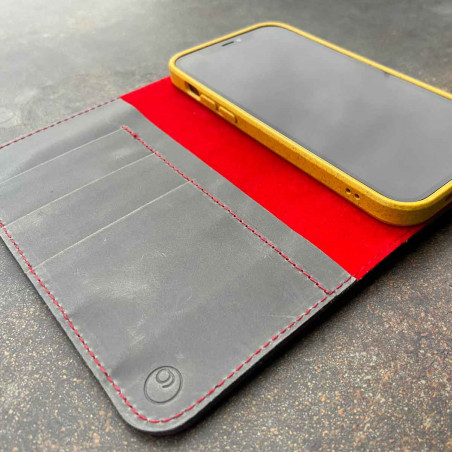 iPhone 14 Pro Leather Case & Bio Case - lining in red, leather color in black, dark brown, camel & grey - made in Germany