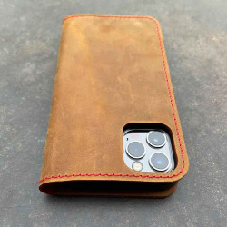 iPhone 14 Folio Leder & Bio Case mit rotem Innenleben - Leder in schwarz, dunkel braun, camel und grau - made in Germany