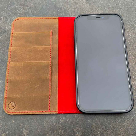 iPhone 14 Pro Max Leather Case with vegan bumper in brown, black, grey and camel leather - Folio wallet made in Germany