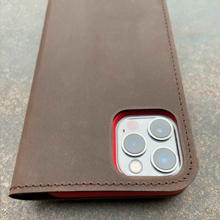 iPhone 14 Pro Max Ledercase mit integr. Bio Case – Brieftaschen Etui in dunkelbraun, camel, schwarz und grau - made in Germany