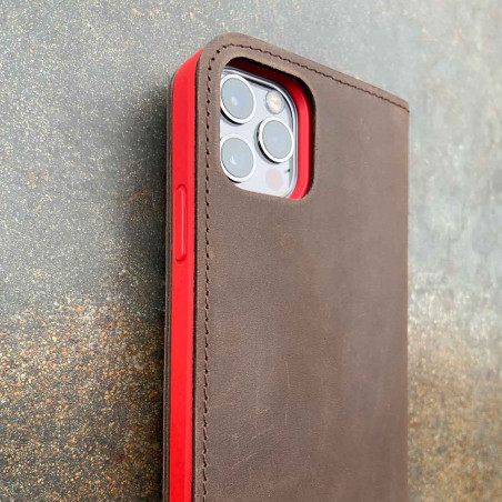 iPhone 14 Pro Max Ledercase mit integr. Bio Case – Brieftaschen Etui in dunkelbraun, camel, schwarz und grau - made in Germany