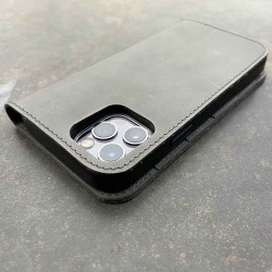 iPhone 14 Pro Max Ledercase mit integr. Bio Case – Brieftaschen Etui in dunkelbraun, camel, schwarz und grau - made in Germany